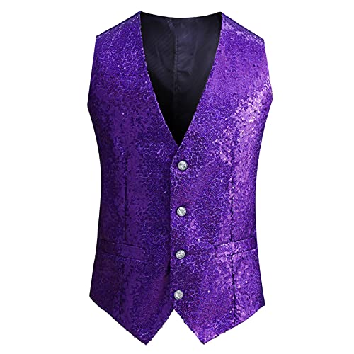 Men's Sequins Vest with Pockets Sleeveless Button Down V Neck Suit Waistcoat Fashion Prom Tuxedo Xmas Party Blouse Plus Size
