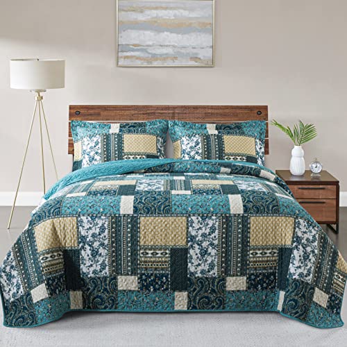 VAPUTAR Quilts King Size - 3 Piece Soft King Size Quilt Bedding Set, Lightweight King Bedspreads Cotton Boho King Quilt Set, Floral Bedding Set for Farmhouse Bedroom (Dream Blue)