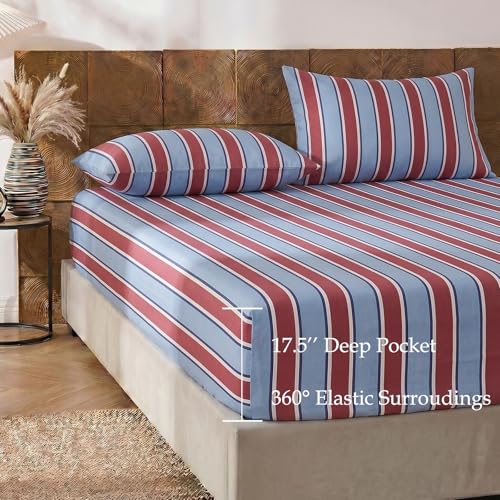Image of Merryword 100% Cotton Sheet Set Full Size - Burgundy and Blue Striped Bedding, Soft Breathable Percale Weave, Deep Pocket Fitted Sheet 17.5 inch, Luxury & Silky Soft Sheet Set for All Seasons