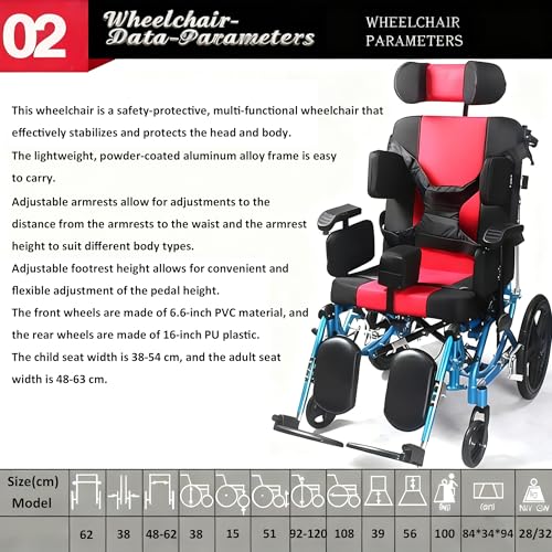 Image of Pediatric Reclining Wheelchair for Kids & Teens, Foldable Aluminum Frame with Dining Tray, Adjustable Seat & Full Postural Support for Cerebral Palsy & Neurological Needs (Red)