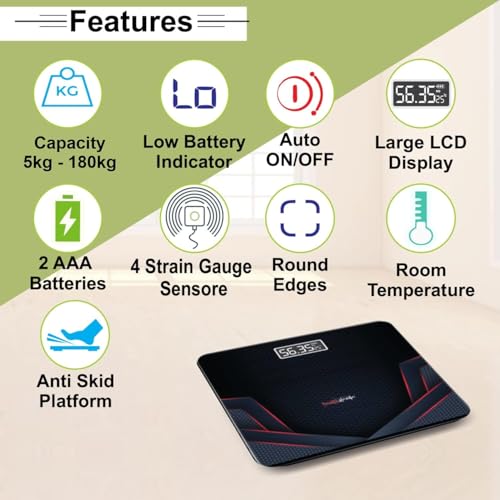 Healthgenie Weight Machine for Body Weight Thick Tempered Glass LCD Display With 3 Years Warranty Weighing Scale (Sporty Red), 180 Kg (Image - 4)
