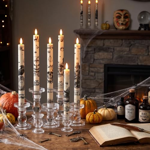 Image of Aurelema 6 Pcs Halloween LED Flameless Candle Set Vintage Gothic Taper Candles Battery Operated with Remote Skull Candles Raven Pumpkin Decorations for Home Halloween Party Favors Spooky Season Decor