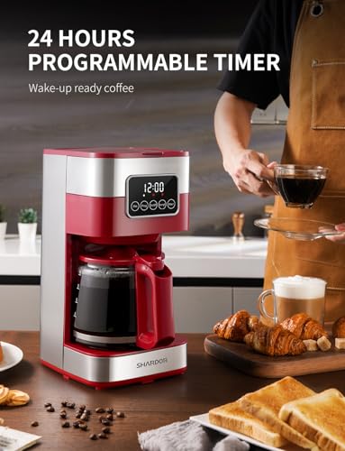 Image of SHARDOR 10-Cup Programmable Coffee Maker, Regular & Strong Brew Drip Coffee Machine for Home and Office, Auto Shut Off, Permanent Filter (red)