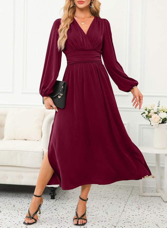 Image of Dokotoo Womens Wrap V-Neck Empire Waist Dress Lantern Sleeve Ruched Side Slit Elegant Maxi Dress