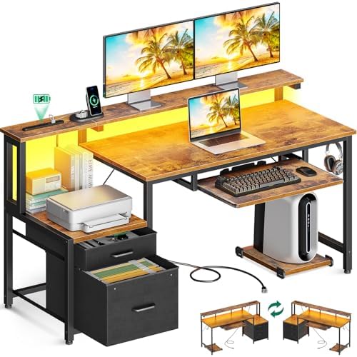 Amazon | Bestier 机 pcデスク 幅140cm 木製の引き出し付き パソコン 
