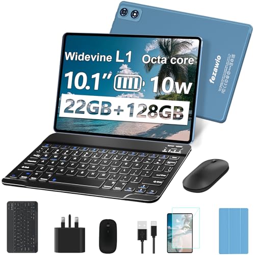 fezawio 2025 Newest 10 inch Android 14 Tablet|22GB RAM+128GB ROM|1TB Expandable|8000mAh|5G Wi-Fi|Widevine L1|Octa-Core|Keyboard-Mouse-Holster|Premium Entertainment & Light Office - Blue