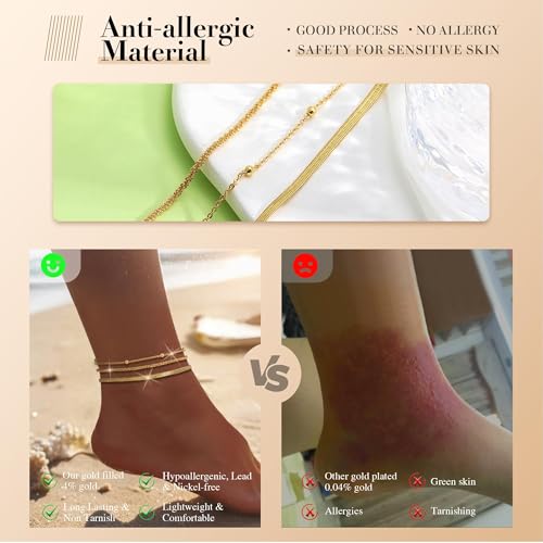 Image of Kenivira Sterling Silver Ankle Bracelets for Women,Gold Dainty Layered Waterproof Anklet for Women, Anklet Set Stackable Beach Gift Adjustable Size