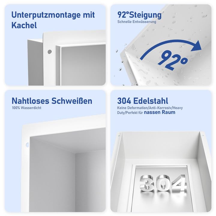 Niche De Douche Inox 60x30x10 Cm - Double étagère, Montage Encastré Sans Carrelage - Blanc