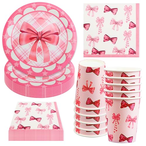 Hmfmdy Ensemble de décoration pour fête rose, 40 pièces, kit de vaisselle pour anniversaire avec assiettes en carton, verres, serviettes, fournitures de vaisselle...