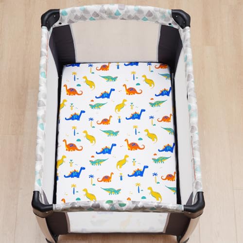 Image of david's kids 3 Pack Mini Crib Sheets, Soft Breathable Premium Pack N Play Sheets for Baby Boys Girls Neutral, Playard and Mini Crib Mattresses, Dinosaur