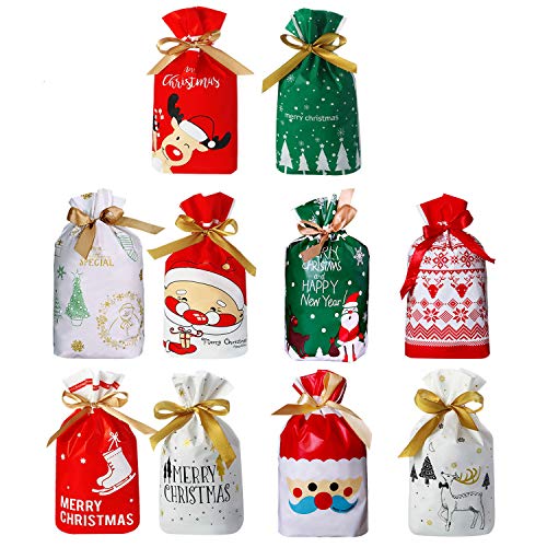 50 Pcs Christmas Candy Bags - Drawstring Gift Plastic Bags, Christmas Treat Bag, Christmas Party Bags for Kids
