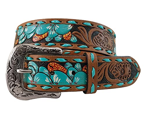 Roper Women's Floral and Cactus Design Belt with Buckle, Turquoise/Brown, L