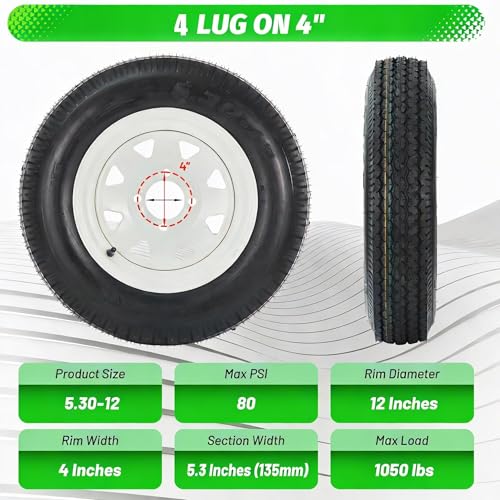 Image of 2 Pack 5.30-12 5.30x12 530-12 5.30-12 Trailer Tires with 12'' Rims, 4 Lug on 4'', Load Range C, 6PR, 4 Lug Tire