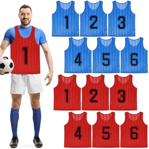 12 Pack Team Sports Pinnies Scrimmage Vest Soccer Training Vest Mesh Football Bibs for Adult, Reversible Numbered Practice Vest Pennies for Basketball Volleyball – Blue & Red