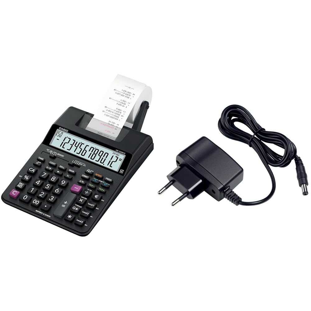 Casio Hr-150Rce - Calculadora Impresora, 6.5 X 16.5 X 29.5 Cm, Color Negro & Ada-60024 Adattatore E Invertitore Interno Nero