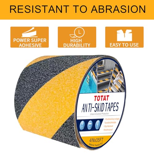 Image of Black & Yellow Anti-Slip Stair Treads Tape, 4 inch x35FT Heavy Duty Non-Skid Grip Tape for Indoor /Outdoor Steps, Bathroom & Pool - PVC Waterproof Safety Traction Tape