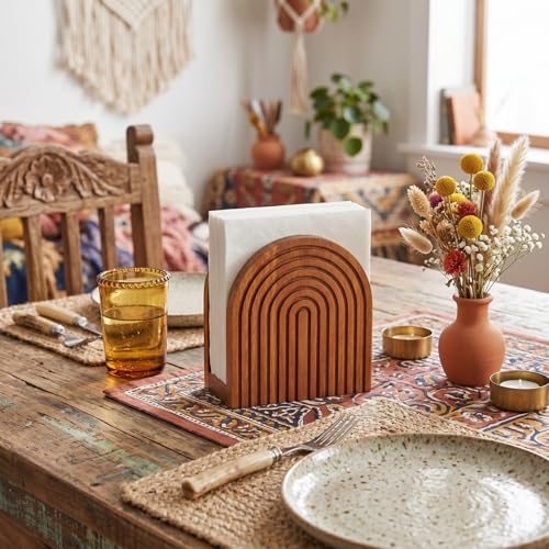 Image of Natural Wooden Napkin Holder, Boho Style, Burlywood
