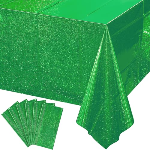 Image of 6 Pack Iridescent Green Plastic Tablecloths, Shiny Disposable Laser Rectangle Table Covers, Holographic Foil Tablecloth for St. Patrick's Day Birthday Christmas Witch Theme Party, 54x108Inch