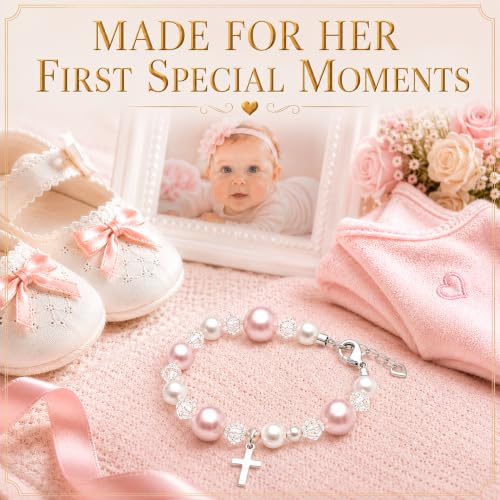Image of Pink Pearl Bracelet, Sterling Silver Cross Charm Baptism Gifts for Girl