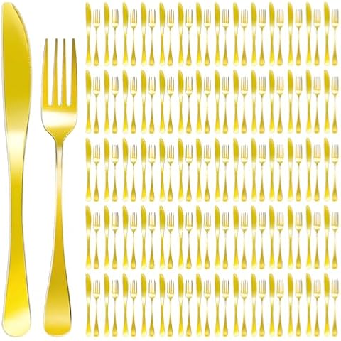 100 Pcs Stainless Steel Gold Silverware Set Bulk Flatware Set Service for 50, 50 Pcs Dinner Forks and 50 Pcs Dinner Knives Tableware Cutlery Set for Butter Kitchen Restaurant, Dishwasher Safe Cover