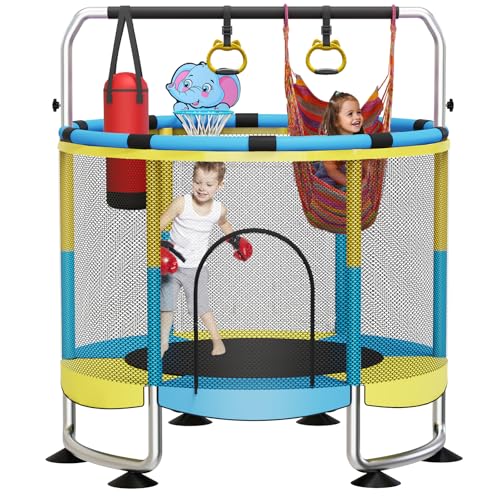 Image of Yozoia 60 inch Toddler Trampoline, Indoor Trampoline for Kids with Safety Enclosure, 440LBS Support, Adjustable Gymnastics Bar & Toys for Boys Girls