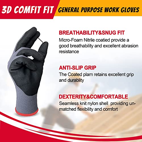 Evridwear Safety Work Gloves, Micro-Foam Nitrile Coated Seamless Knit Nylon Glove With Excellent Grip For General Purpose, Electrical, Automotive, Warehouse (3 Pairs Large) #TOP1