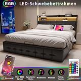 PerGar Bett 140x200 mit LED und USB, Polsterbett mit Hydraulisch stauraum, Kopfteil mit Stauraum, Doppelbett, Stauraumbett, Bettgestell, Lattenrost, schwarz, PU-Leder, Ohne Matratze