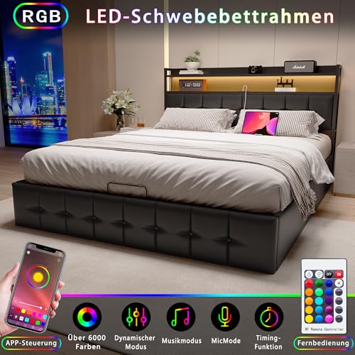 PerGar Bett 140x200 mit LED und USB, Polsterbett mit Hydraulisch stauraum, Kopfteil mit Stauraum, Doppelbett, Stauraumbett, Bettgestell, Lattenrost, schwarz, PU-Leder, Ohne Matratze
