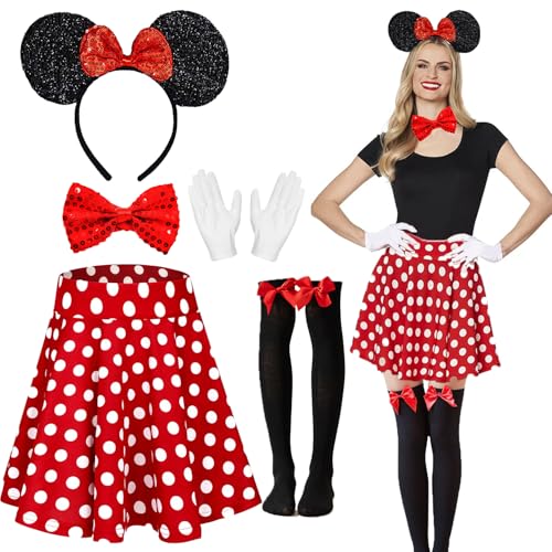LXWINNER Costume de Souris,Tutu à Pois Rouge,Mouse Bandeau,Gant Blanc,Deguisement Mouse Enfant Fille, Deguisement Mouses Femme, pour Mascarade, Cosplay de...