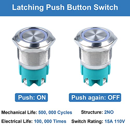 Image of 22mm Latching Metal Anti-Vandal Push Button Switch Waterproof Large Current 15Amp 110V 1NO Screw Terminals for 0.87 inch Mounting Hole with Halo Ring Blue LED