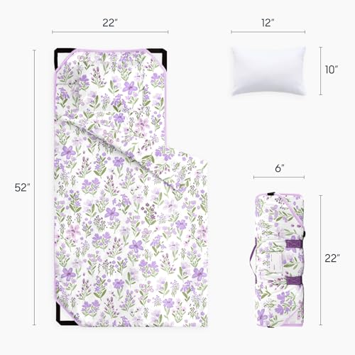 Image of Wake In Cloud - Cot Nap Mat with Pillow and Blanket, for Toddler Kids Girls Ages 3 Plus in Daycare Kindergarten Preschool with Elastic Corner Straps, Floral Botanical Flowers