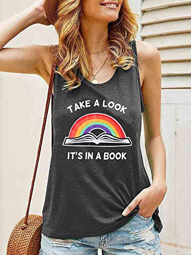 Women Take A Look Its in A Book Tank Tops Funny Bookworm Shirt Rainbow Sleeveless Graphic Tees-M(Grey)