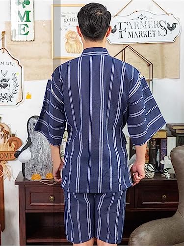 ZEALMAX Men's Kimono Japanese Jinbei Shirt and Pant Cotton Linen Loungewear Lounge Set Spa Bathrobe, Style 3 Multicolor3