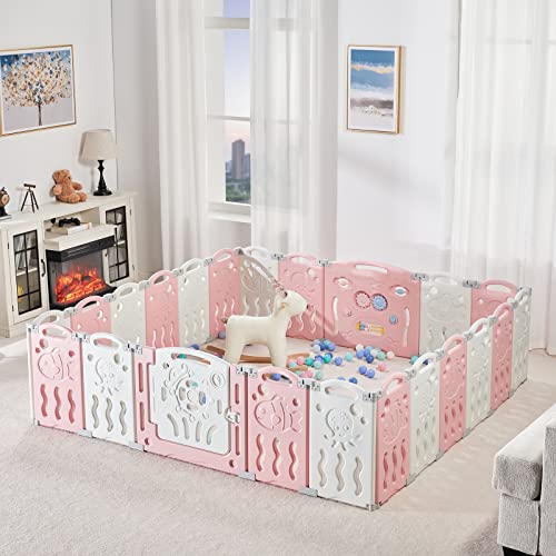 Image of Albott Baby Playpen, Upgraded 22 Panels Foldable Baby Fence with Game Panel and Safety Gate, Adjustable Shape, Portable Play Yards for Children Toddlers Indoors or Outdoors (Pink+White, 22 Panel)