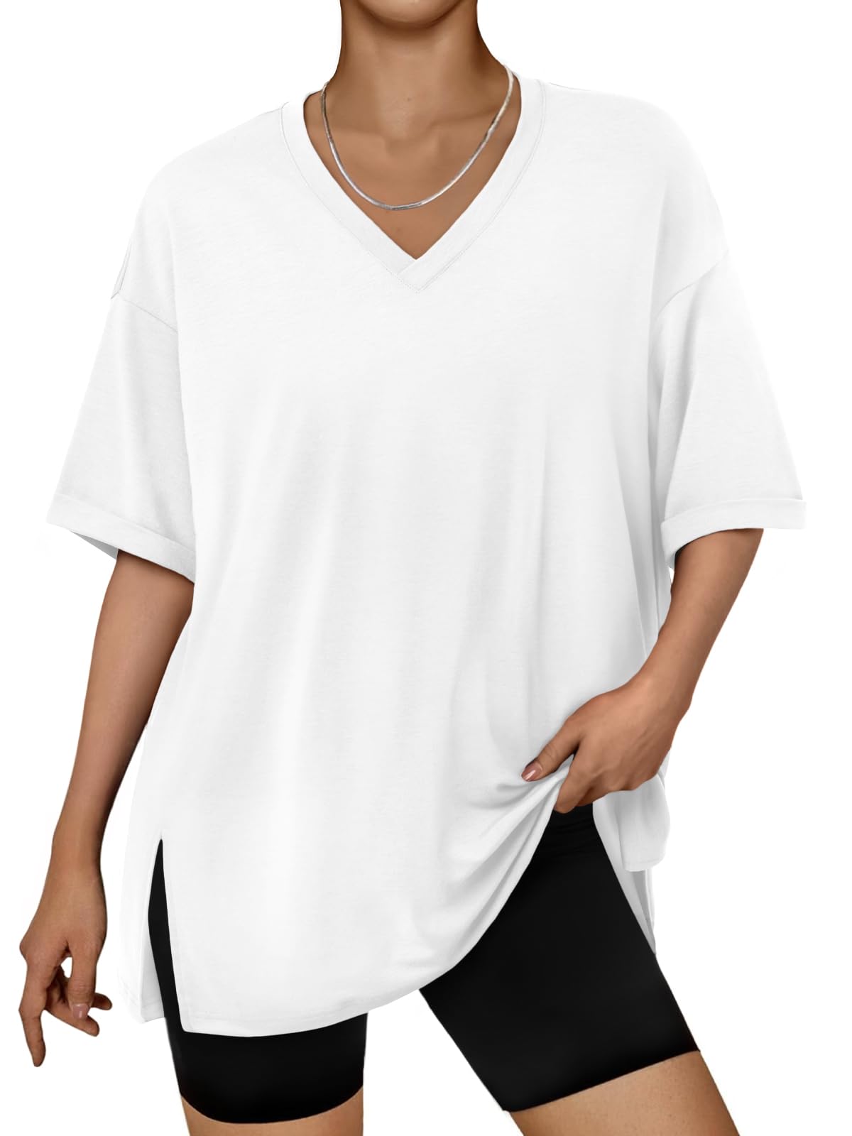 Trendy Queen Oversized Tshirts for Women Workout Plus Size Tops V Neck Short Sleeve Gym Shirts Casual Loose Fit Basic Tees