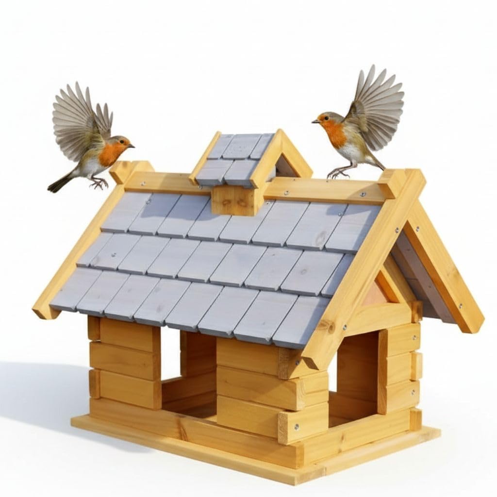 Mucola Vogelhaus XXL Vogelfutterhaus Holzschindeln 44x34x37 cm Natur Grau