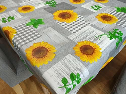 Karina Home Grey and Yellow Sunflower Wipe Clean Tablecloth Vinyl PVC Table Cover Wipeable Table Cloth (Grey, 200cm x 140cm)