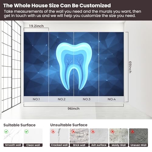 Peel and Stick Wallpaper Wall Murals Tooth Cross Section Design Abstract Blue Self Adhesive Removable Canvas Wall Stickers for Living Room Kids Bedroom 69\'\'x96\'\' - Thumbnail 3