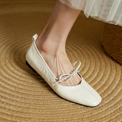 Women's Leather Mary Jane Flats Bow Tie Ballet Flats Comfortable Closed Square Toe Slip On Ballerina Shoes4