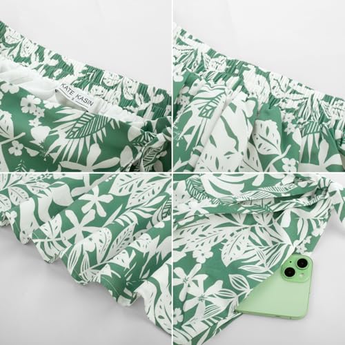 Kate Kasin Women Elegant Summer A-Line Skirt Long Skirt Green Background with White Flowers M - Image 5