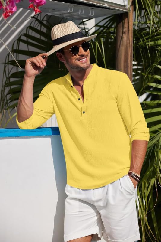 Image of Men's Cotton Blend Straight Kurta Shirt Combo with Mandarin Collar - Slim Fit Casual Short Kurti Set Featuring Textured Slub Fabric and Roll-Up Full Sleeves