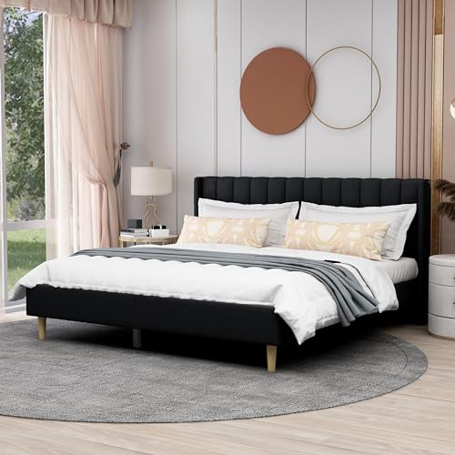 Image of AGARTT Upholstered Platform Bed Frame King Size with Headboard and Footboard /Wooden Slats Support /No Box Spring Needed /Easy Assembly,Black Linen