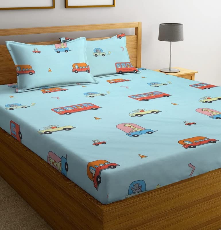 Image of NHD HOME Cotton All Around Elastic Fitted Premium Prints Queen Size Double Bed Bedsheet with 2 Large Pillow Covers Fits Upto Mattress of 8 Inches,Size-60 inch x 78 inch Inches, White & Green, 180 TC