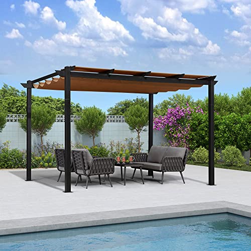 PURPLE LEAF Outdoor Retractable Pergola with Sun Shade Canopy 10' x 13' Patio Aluminum Pergola Shelter for Backyard Deck Garden Modern Metal Grill Gazebo, Beige