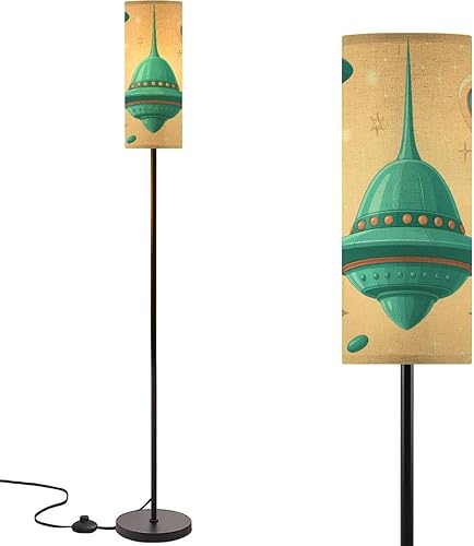 Modern Standing Lamps Retro Futuristic Saucers Teal Sparkling Stars Floor Lamp Metal Pole Lamp with Linen Lampshade for Bedroom Living Room Office