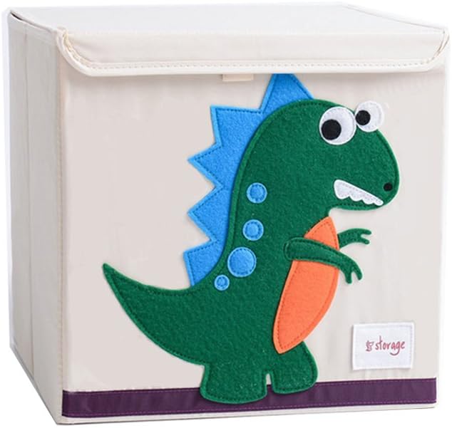 Wo Baby Foldable Storage Box with Lids, Canvas Collapsible Storage Cube Orginizers for Toys, Clothing, Books, Blankets, etc.(13 x 13 x 13) (Dinosaur)