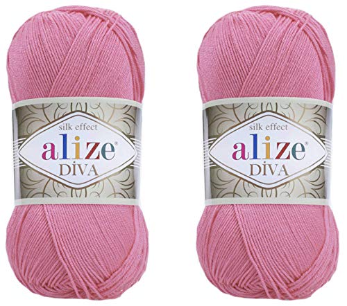 Alize Diva Yarn 100% Microfiber Acrylic Yarn, Silk Effect, 2 Skeins, 200gr, 767yds, Dark Pink