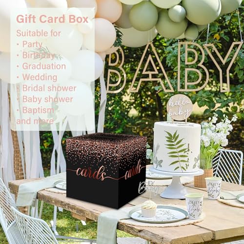 Image of 1 Pack Black and Rose Gold Card Box for Party, 8.7 inch Black Gift Card Box Money Box for Birthday, Wedding, Baby Shower, Retirement, Anniversary, Bridal Shower, Raffle Ticket