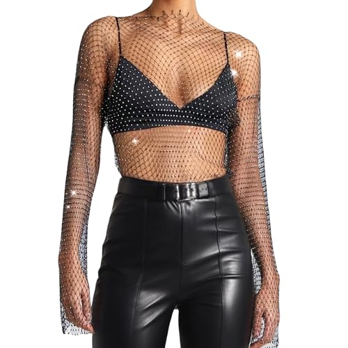 Strass Mesh Langarm Strasssteine Fischnetz Mesh Top Damen Sexy See Through Mesh Glänzende Strasssteine Kleid Fischnetz Strass Glänzendes Mesh...