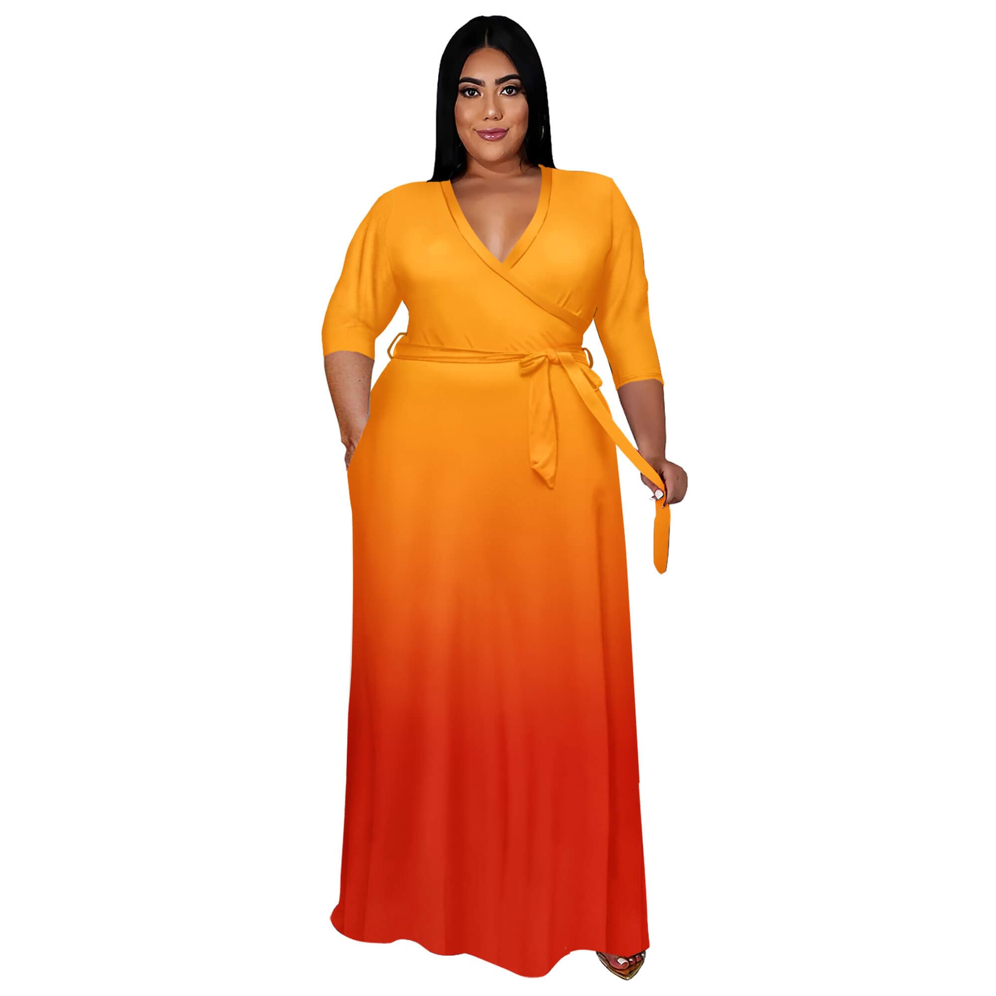 Runwind Plus Size Maxi Dresses - 3/4 Sleeve V Neck Long Dresses for Women (XL-6XL)
